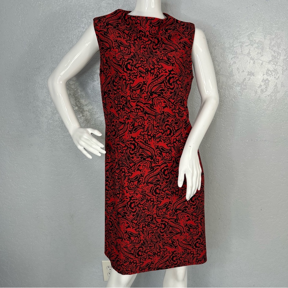 Jude Connally Red Black Paisley Print Sleeveless Sheath Stretch Dress Sz Medium